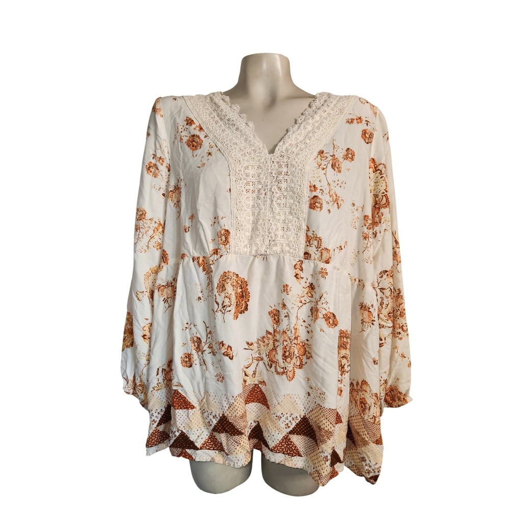 Maurices Womens 1X Floral Lace Trim V-Neck Babydoll Blouse Long Sleeve Cream